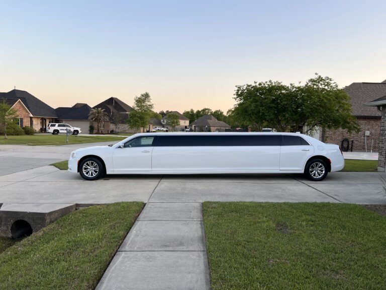 Luxury White Stretch Chrysler 300 Limousine from Les Bon Temp Rouler, ideal for weddings and corporate events.